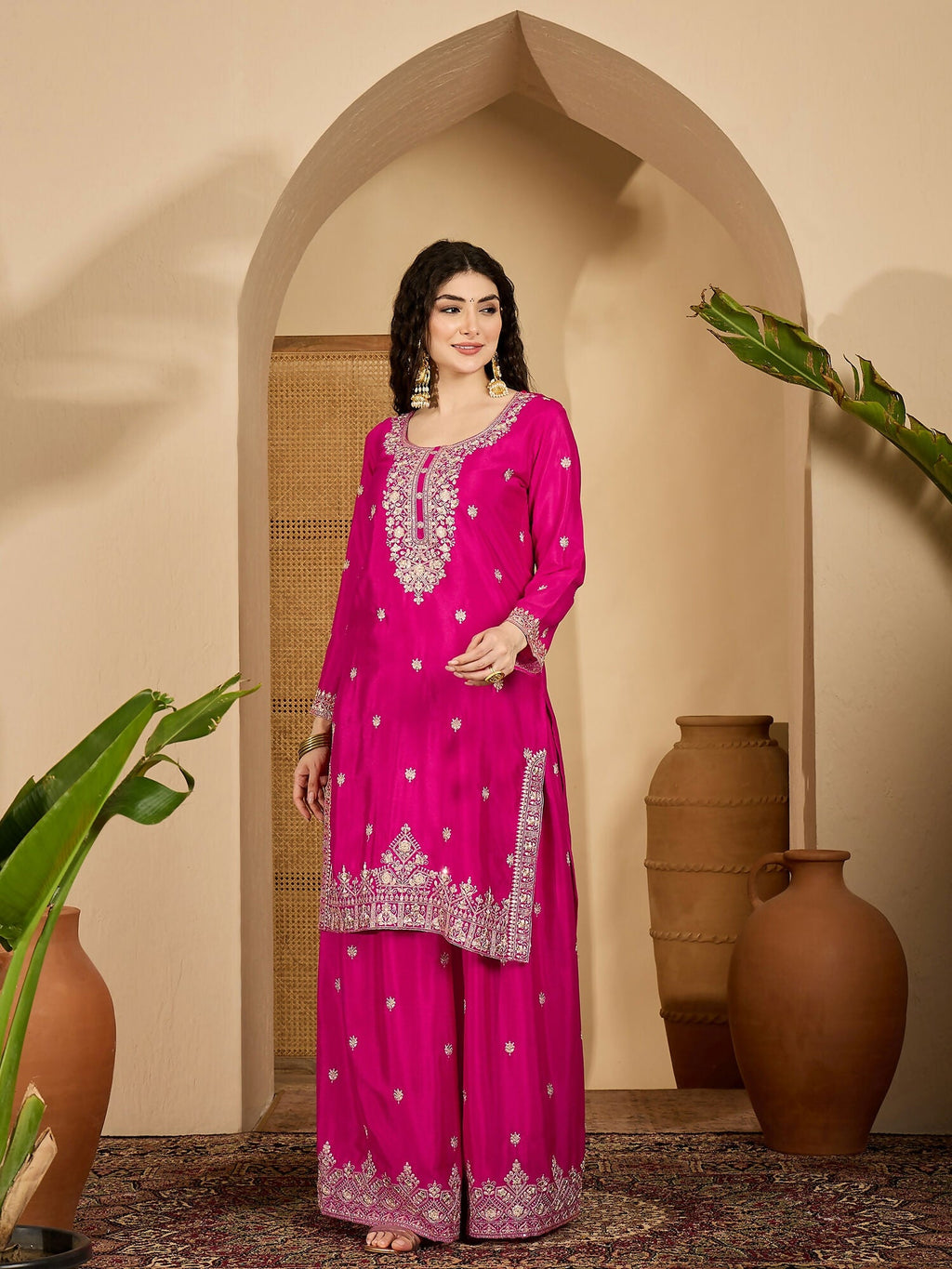 Pink Chinon Silk Kurta Set with Embroidery - Ethnic Festive Wear