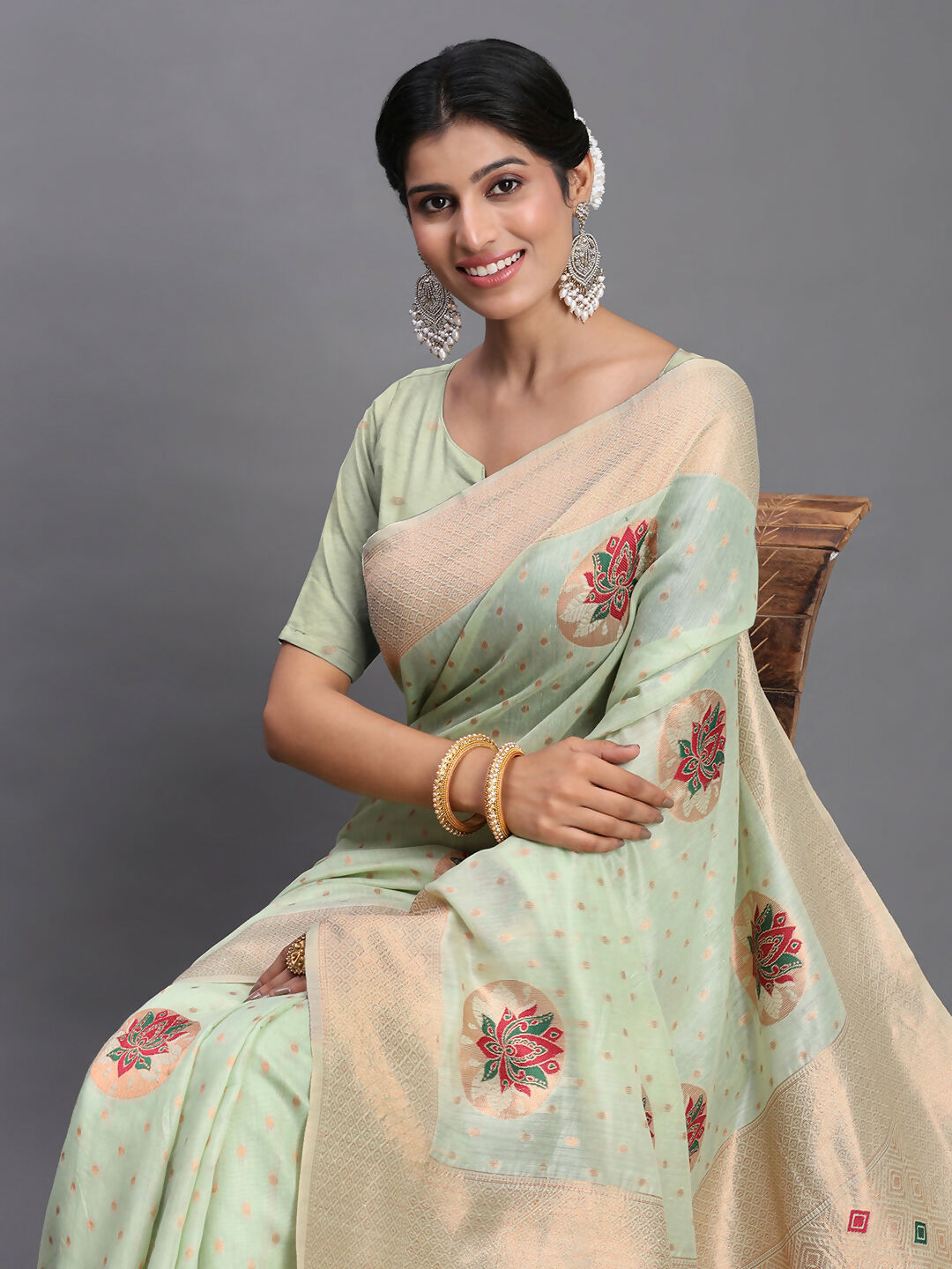 Light Green Linen Cotton Saree with Matching Blouse
