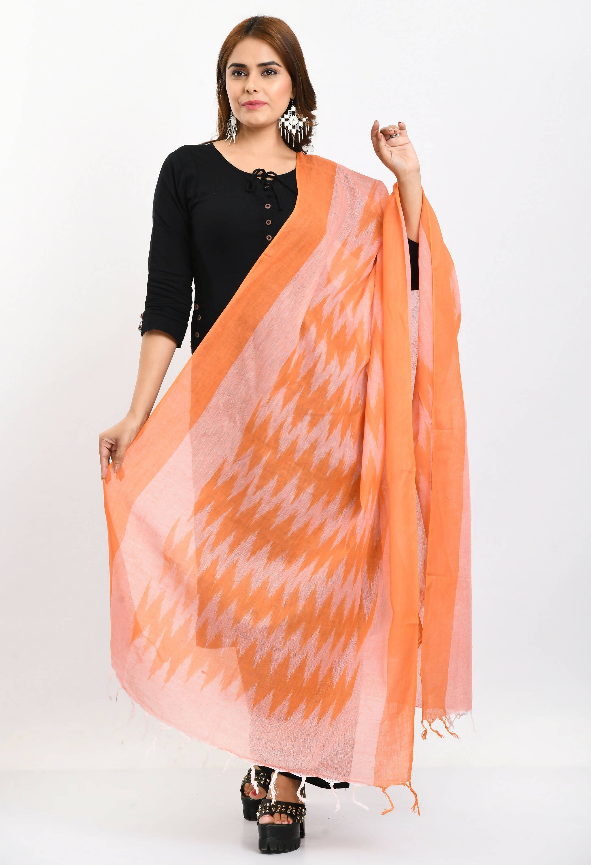 Vibrant orange handloom cotton Ikkat dupatta for women