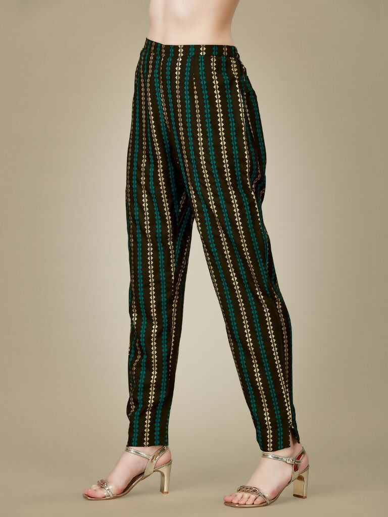 Women's Dark Coffee Rayon Embroidered Calf Length Kurta Pant Set