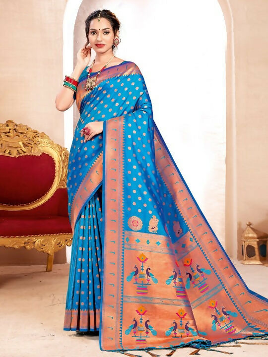 Beautiful Royal Blue Paithani Silk Saree with matching blouse piece draped elegantly.
