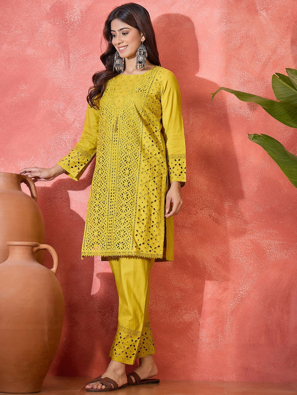 Mustard Embroidered Pure Cotton Cord Set - Contemporary Style