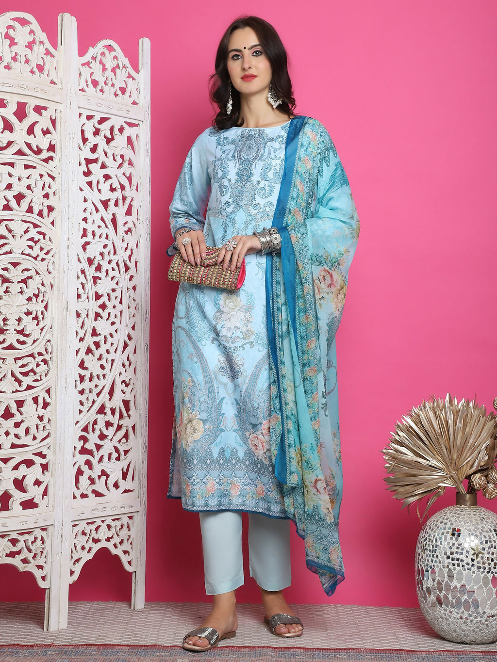 Women's Turquoise Satin Digital Print Kurta Set with Crystal