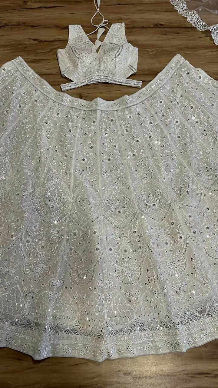 Off White Georgette Sequins Embroidered Designer Lehenga Set