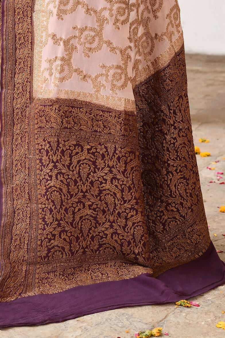 Ivory Crepe Chiffon Handloom Banarasi Silk Saree