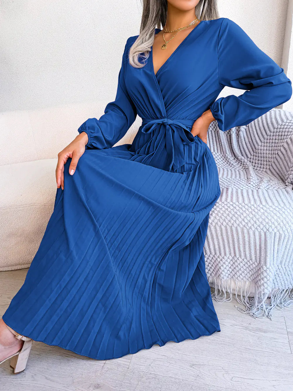 Women's V-Neck Long Sleeve Pleated Maxi Dress with Tie Waist - Image 16