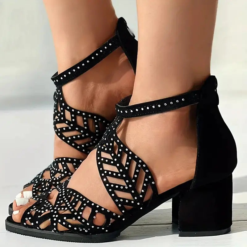 Women's Black Cutout Fish Mouth Sandals with Block Heels - Image 7