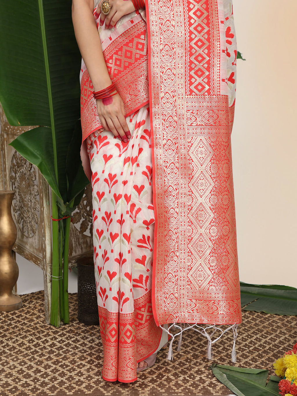 Red and White Linen Cotton Saree with Matching Blouse