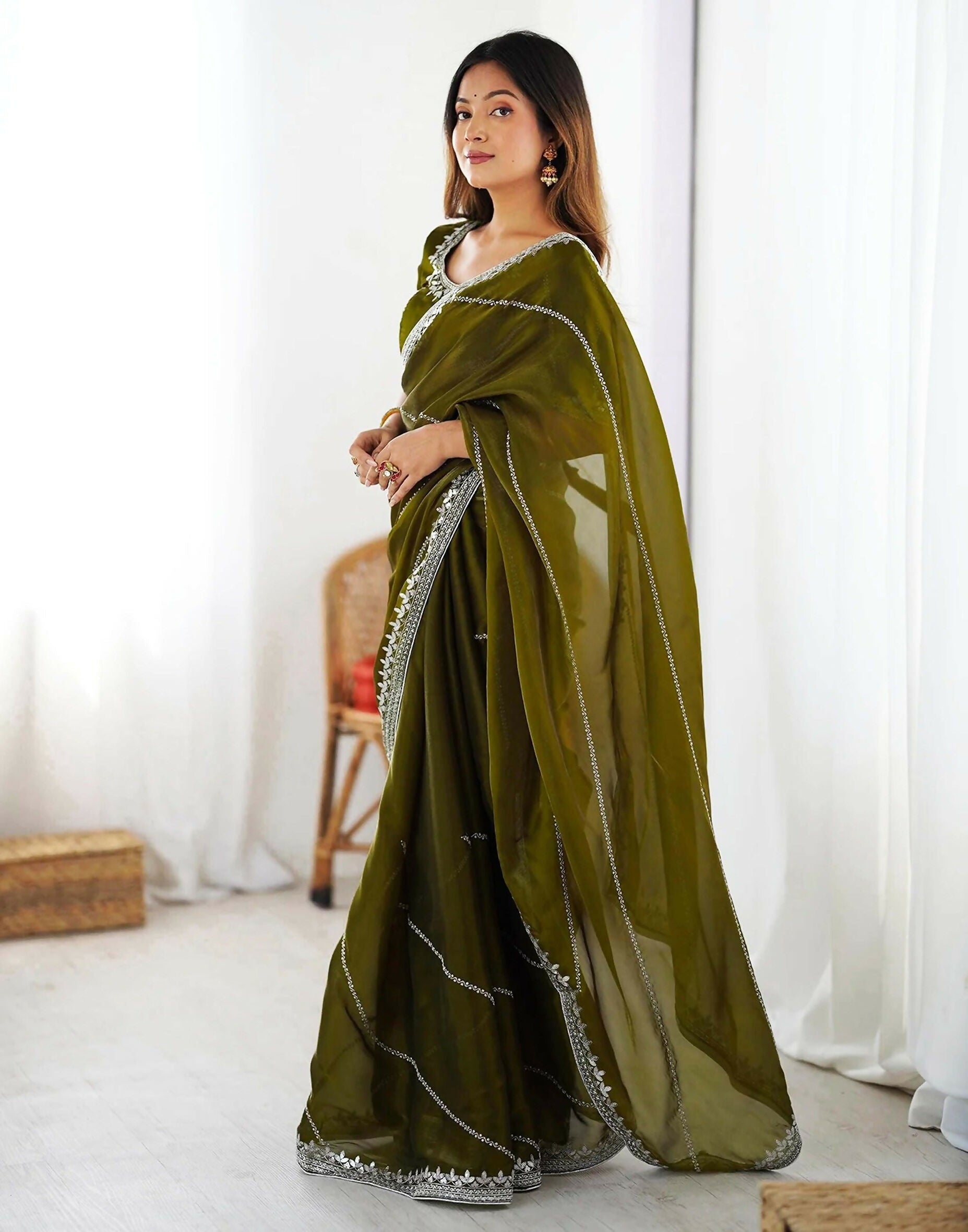 Olive Green Tissue Silk Saree with Sequence Embroidery