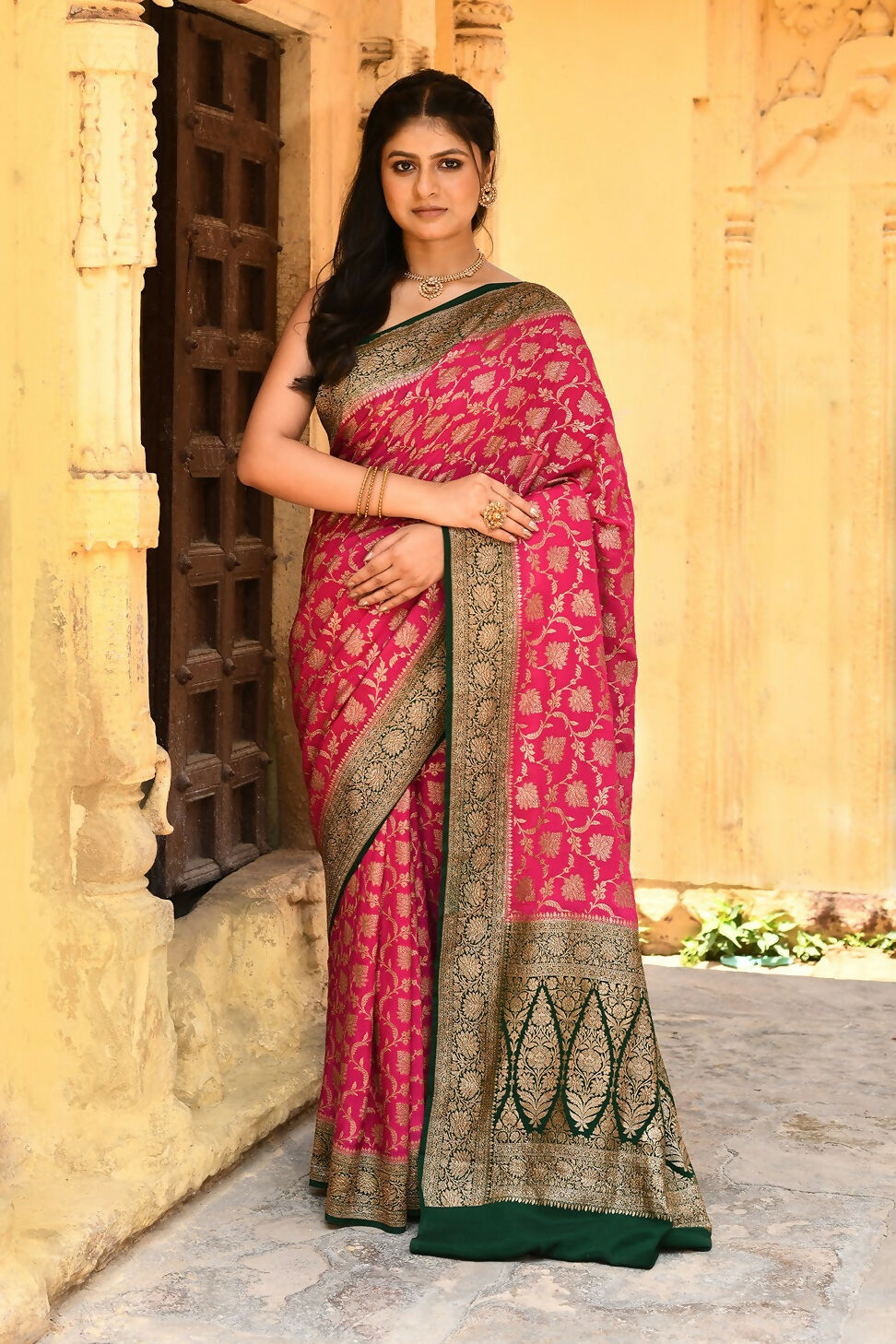 Pink Crepe Chiffon Pure Handloom Banarasi Silk Saree with graceful drape
