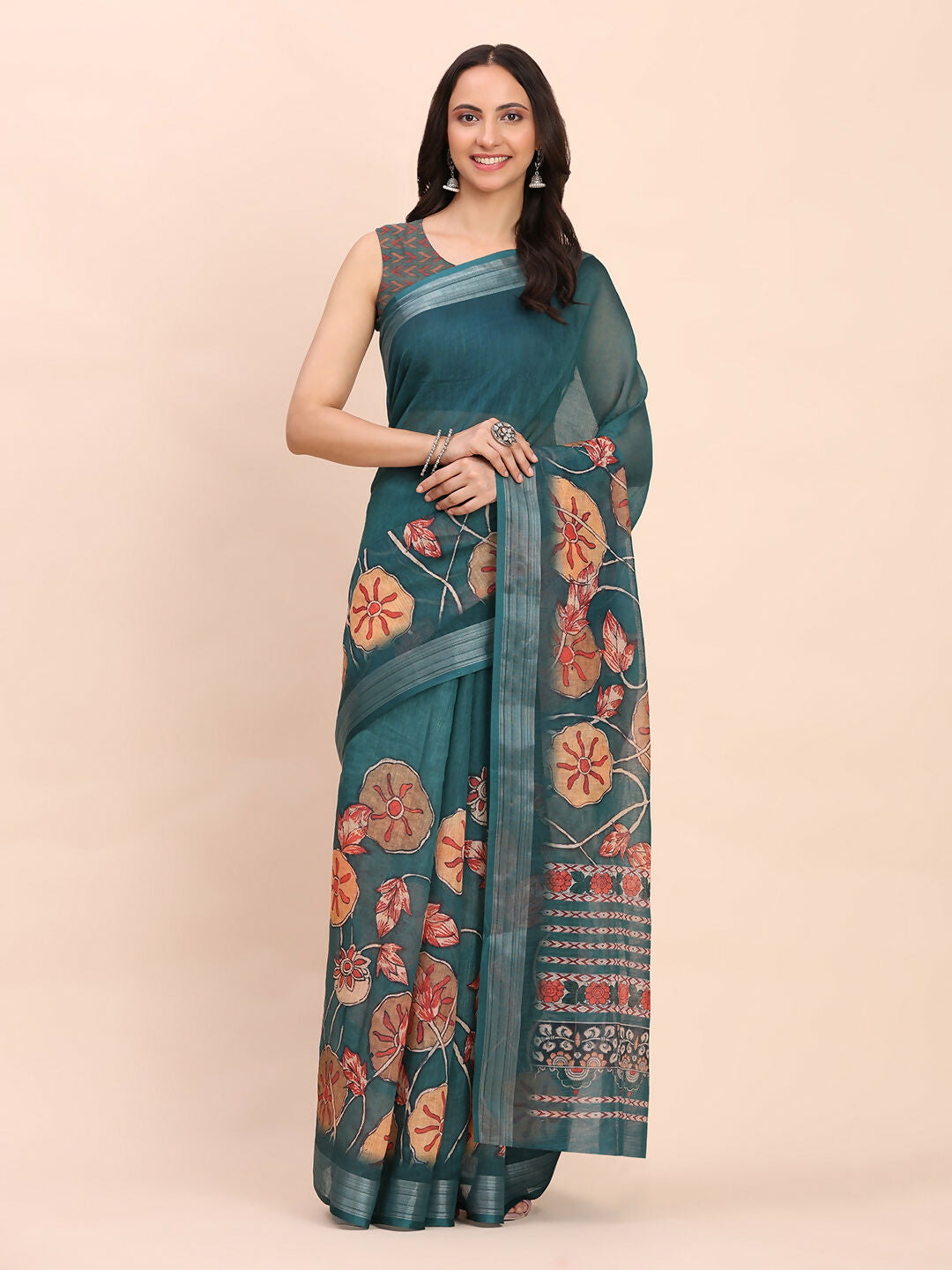 Teal Blue Linen Cotton Saree with Matching Blouse Piece