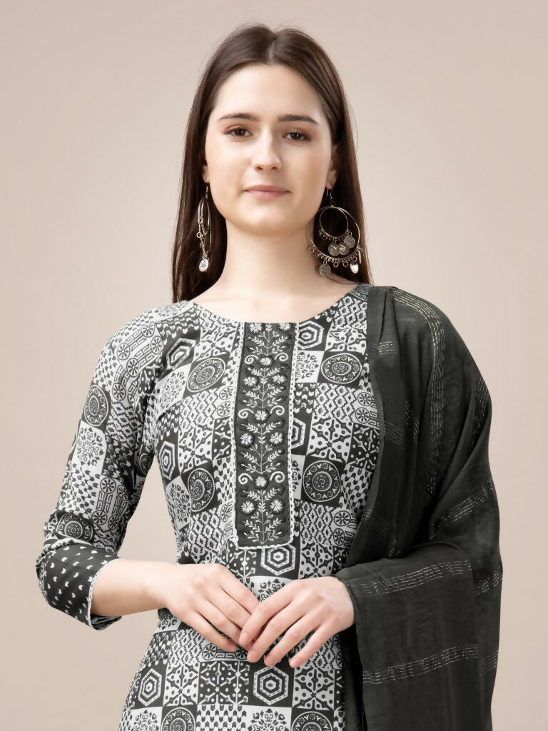 Women's Black Rayon Printed Kurta Set with Embroidery & Lace