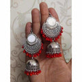 Red pearl mirror tassel silver Chandbali Jhumka earrings