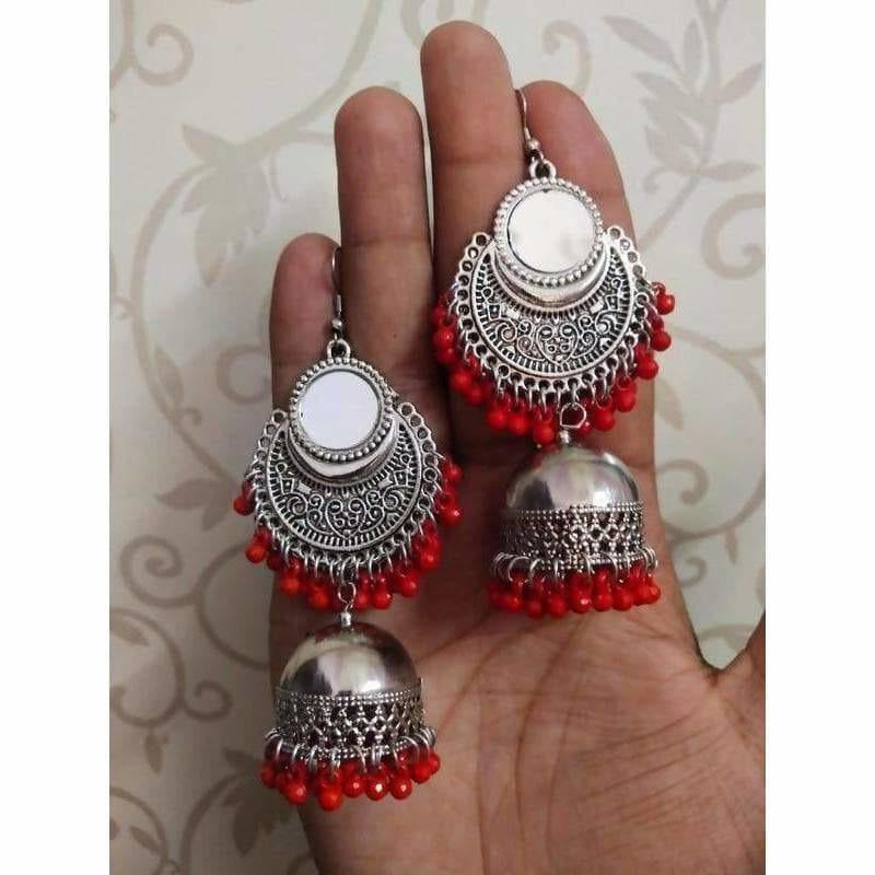 Red pearl mirror tassel silver Chandbali Jhumka earrings