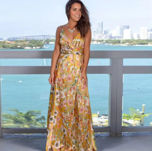 Women Floral Print High Slit Maxi Dress Sleeveless V Neck - Image 15