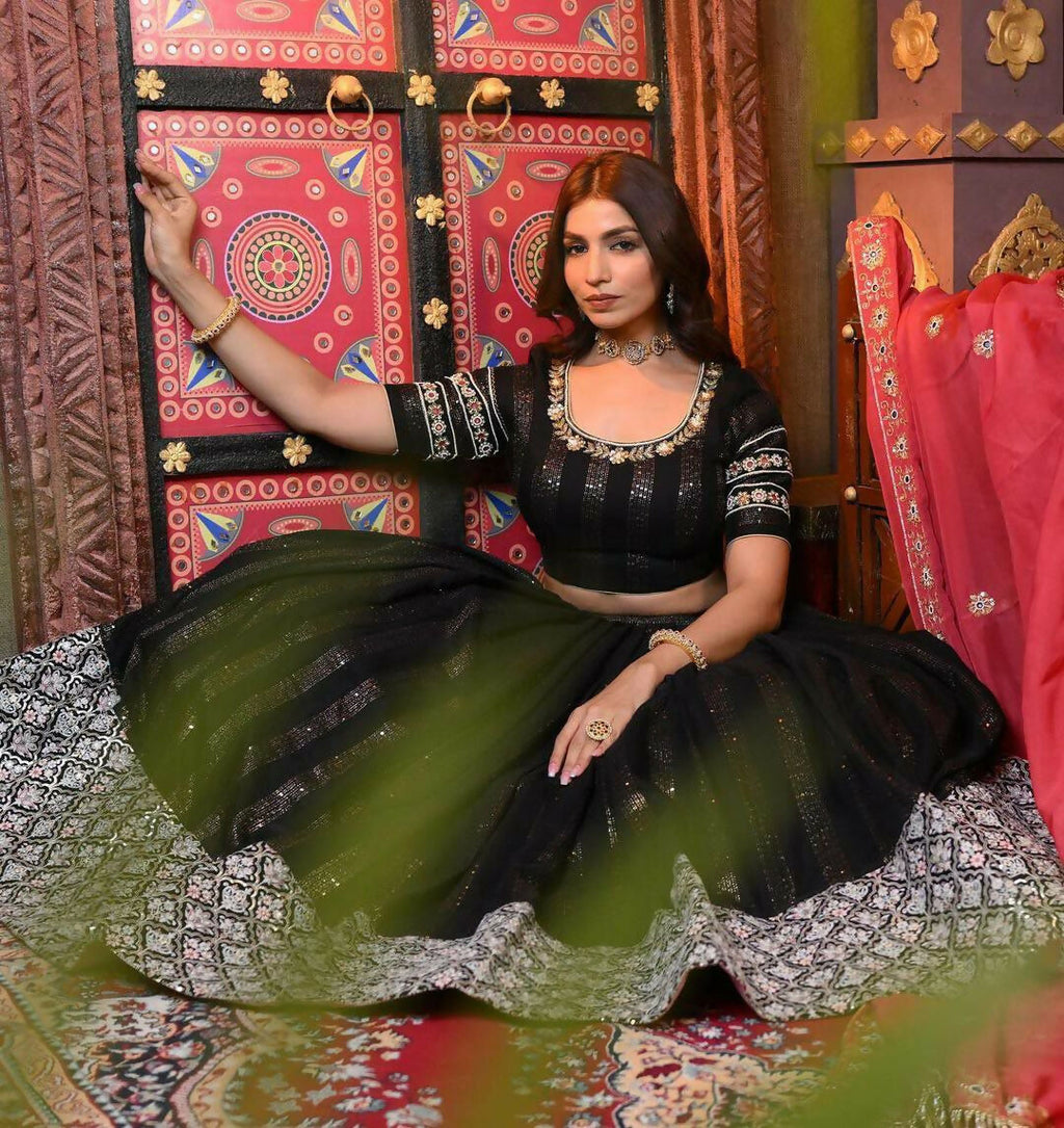 Black Faux Georgette Sequins & Zari Embroidered Lehenga