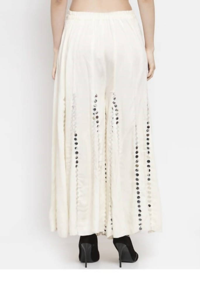 White Rayon Cotton Palazzo Pants with Shimmering Mirror Work