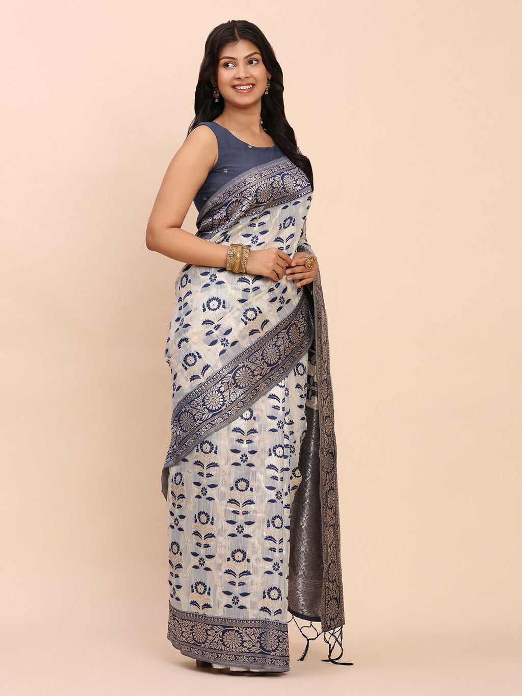Navy Blue Linen Cotton Saree with Matching Blouse Piece