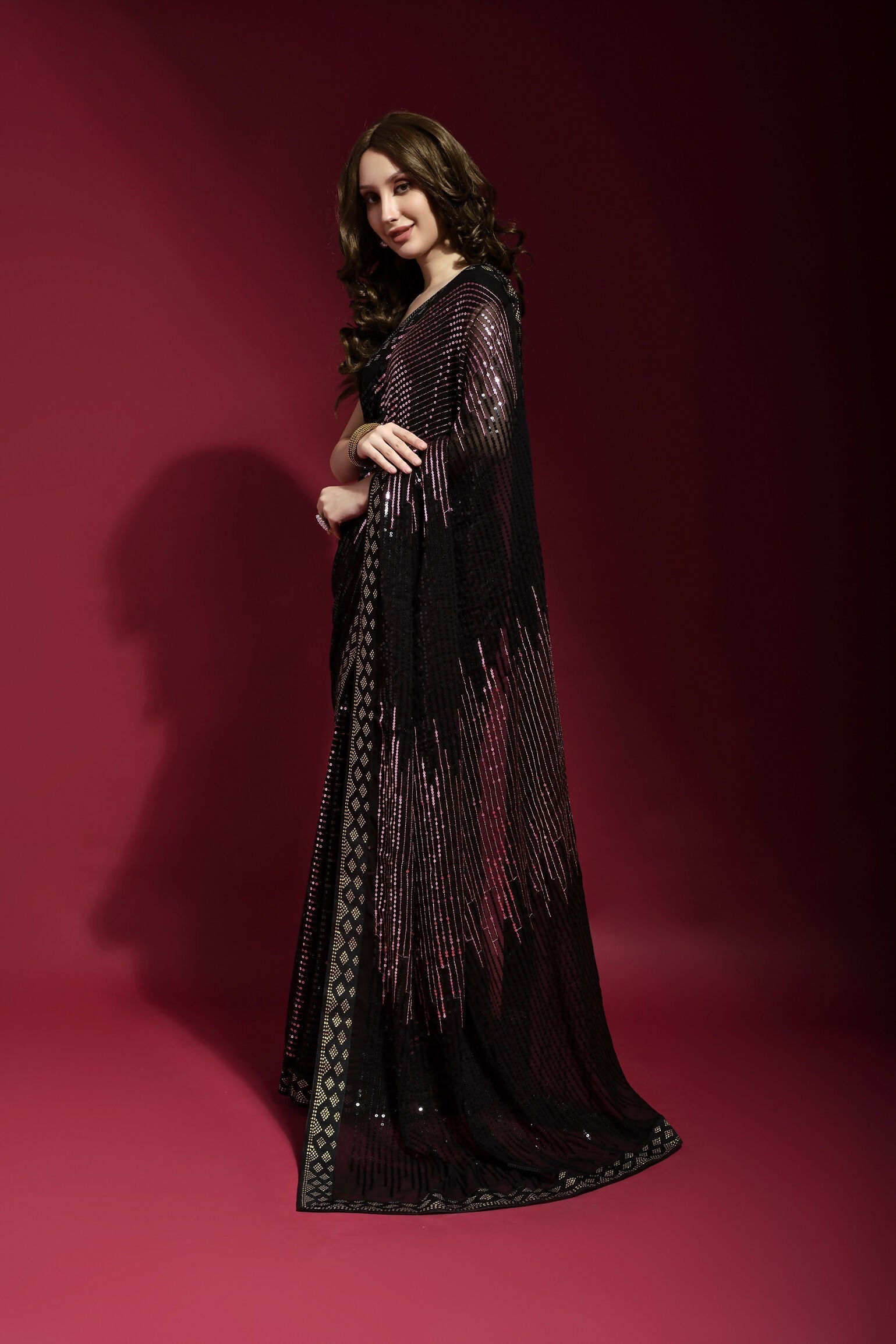Black Georgette Embroidered Party Wear Saree with Matching Blouse