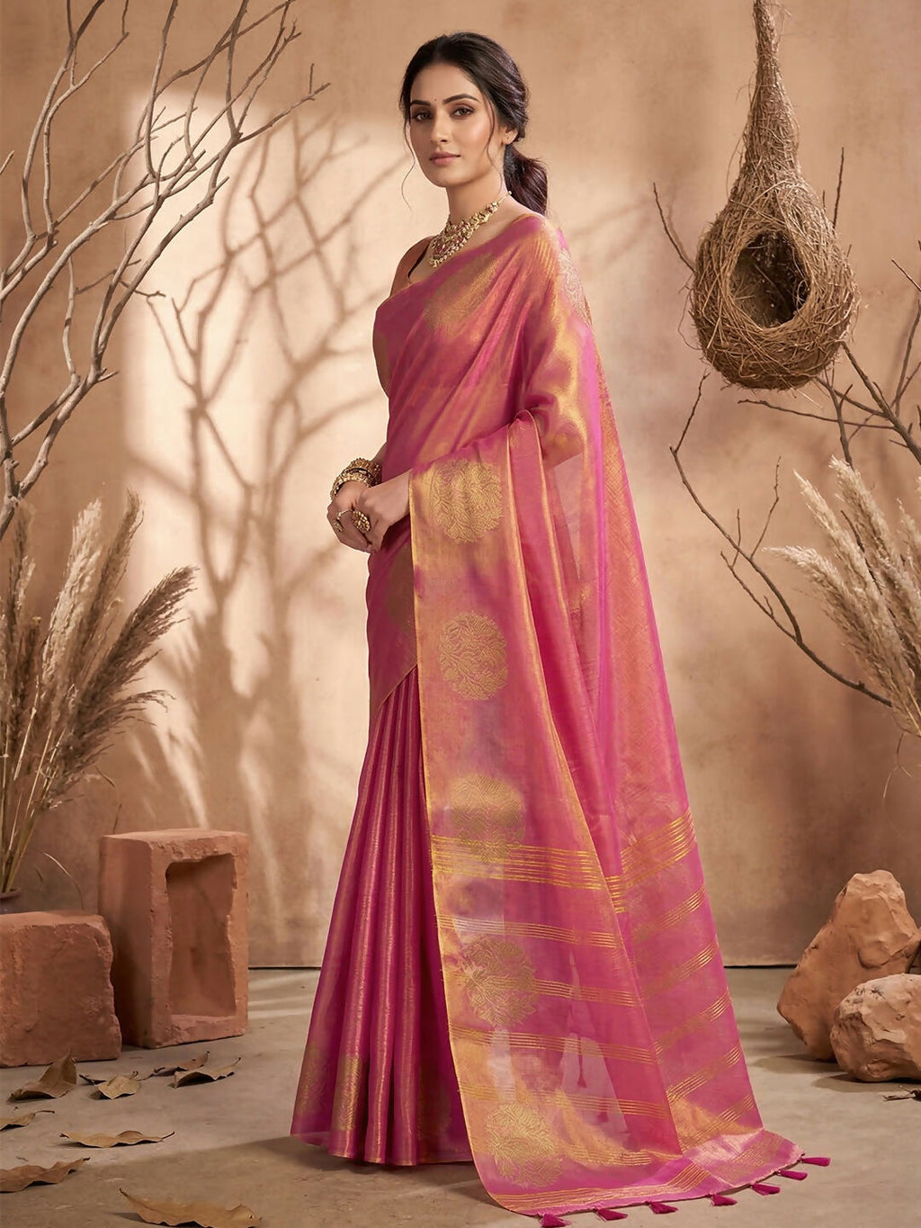 Wine Tissue Silk Saree with Matching Blouse