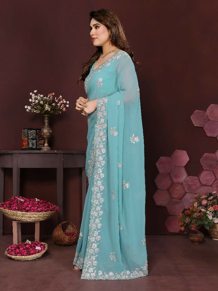 Turquoise Georgette Embroidered Saree with Matching Blouse