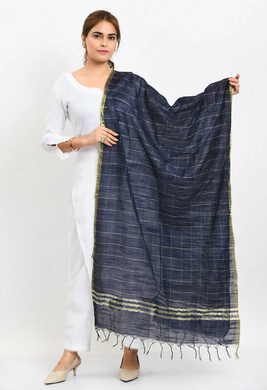 Navy blue cotton dupatta with metallic Zari box pattern detail