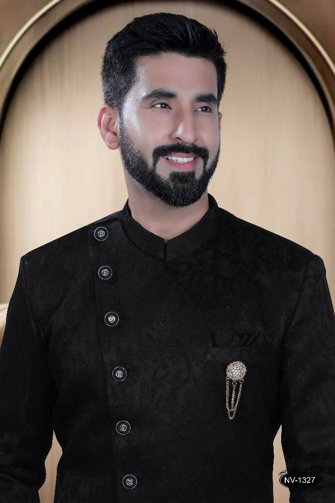 Boys' Black Satin Kurta and Pyjama Set for Traditional Occasions
