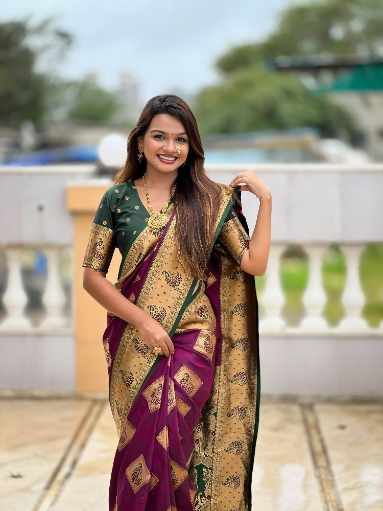 Wine color soft Banarasi silk saree with gold Zari weaving and Meenakari details