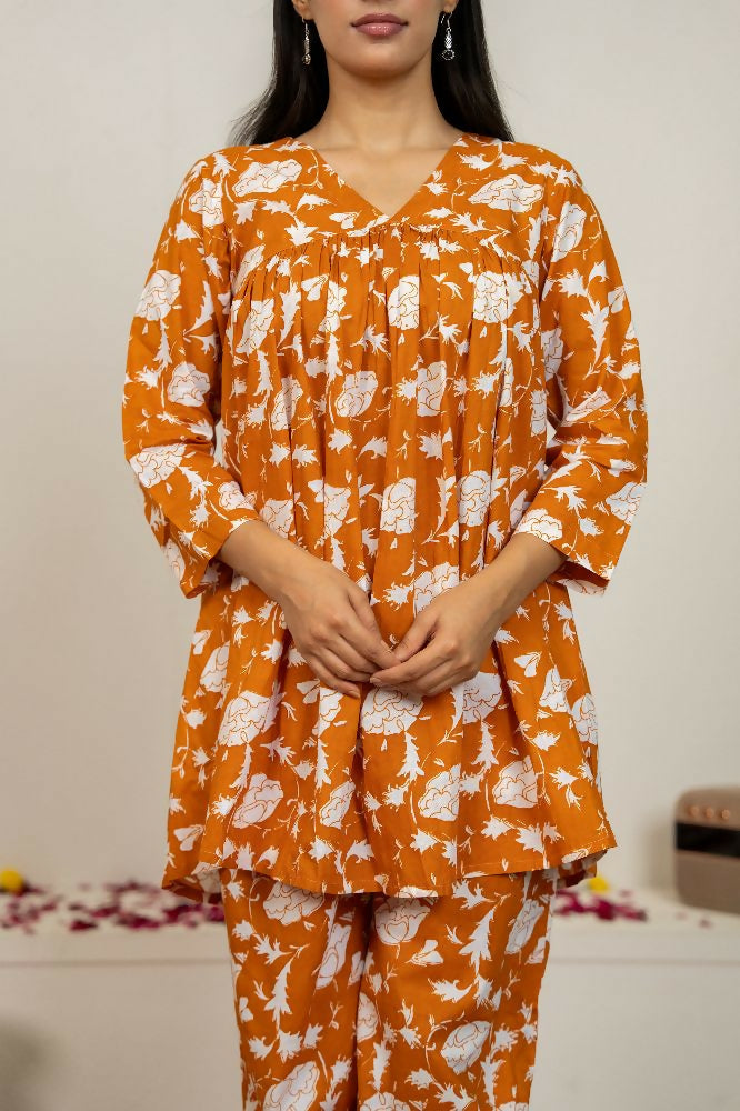 Peach Hand Block Print Cotton Kurta Set for Women