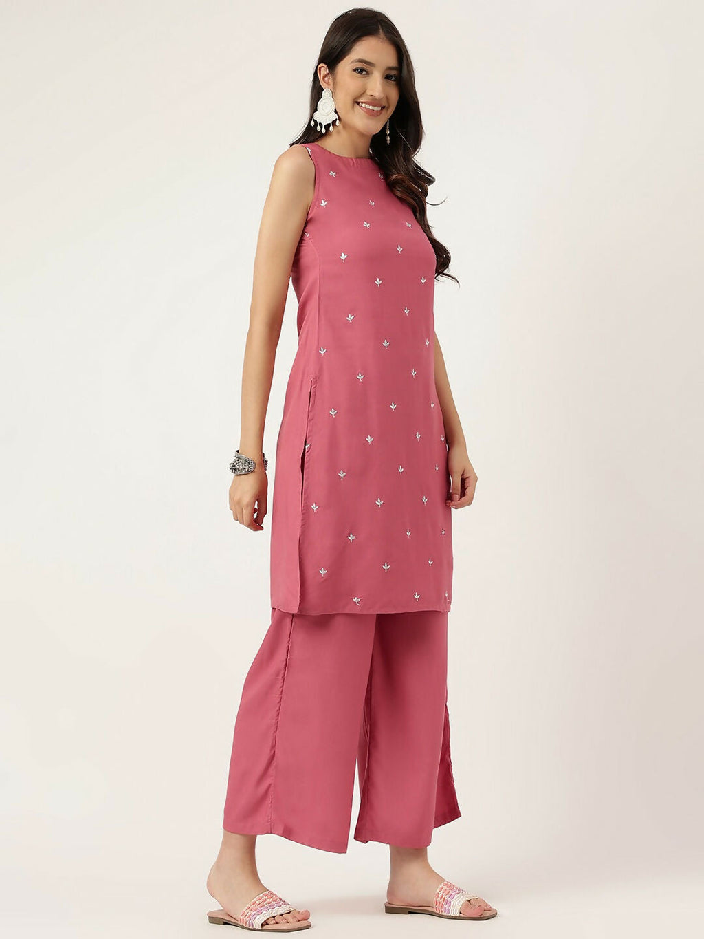 Rust Rayon Straight Kurta and Bottom Set with Embroidery