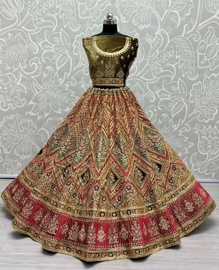 Pista Green Velvet Wedding Lehenga Choli with Gotta & Diamond
