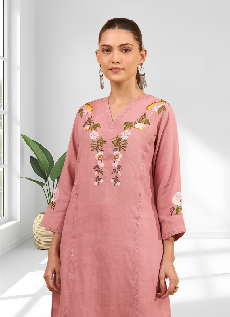 Pink Linen Embroidered Long Kurta with Pant Set for Women