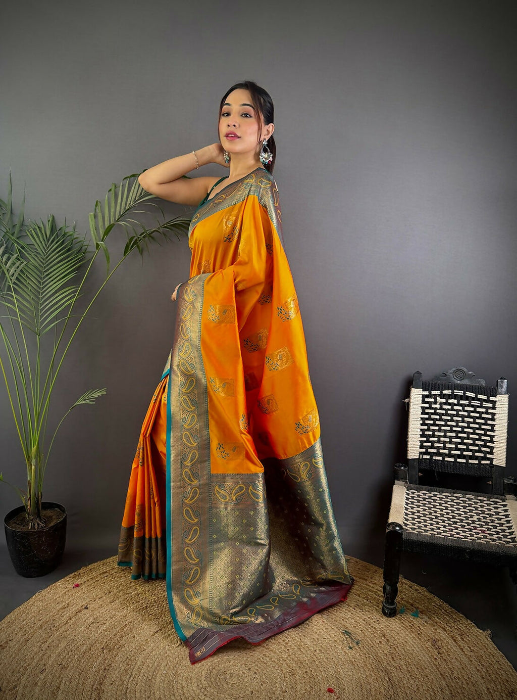 Grey Peacock Banarasi Silk Saree with Unstitched Blouse