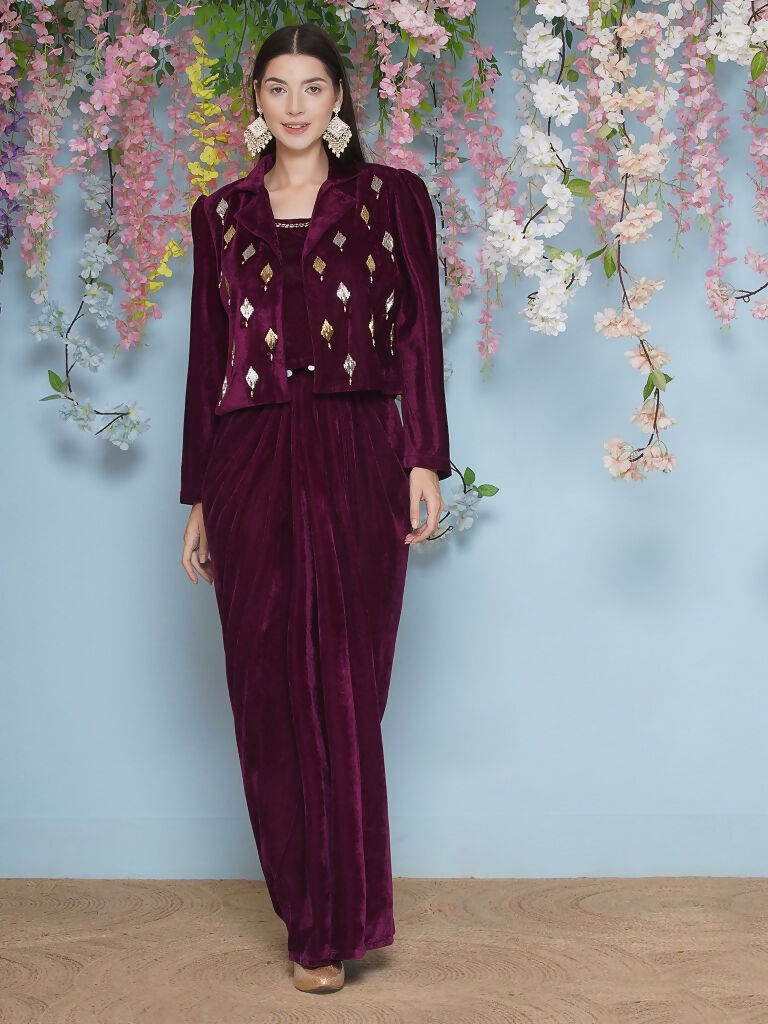 Joban Fashion Wine Hand Embellished Jacket with inner and skirt