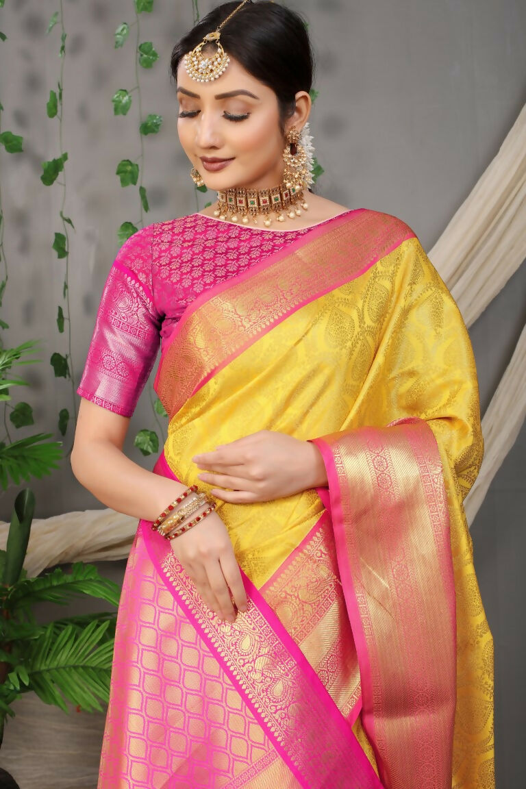 Yellow Kanjivaram Silk Saree with Pink Blouse & Zari Weave