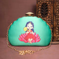 Green D-shape clutch with Durga print design for kids