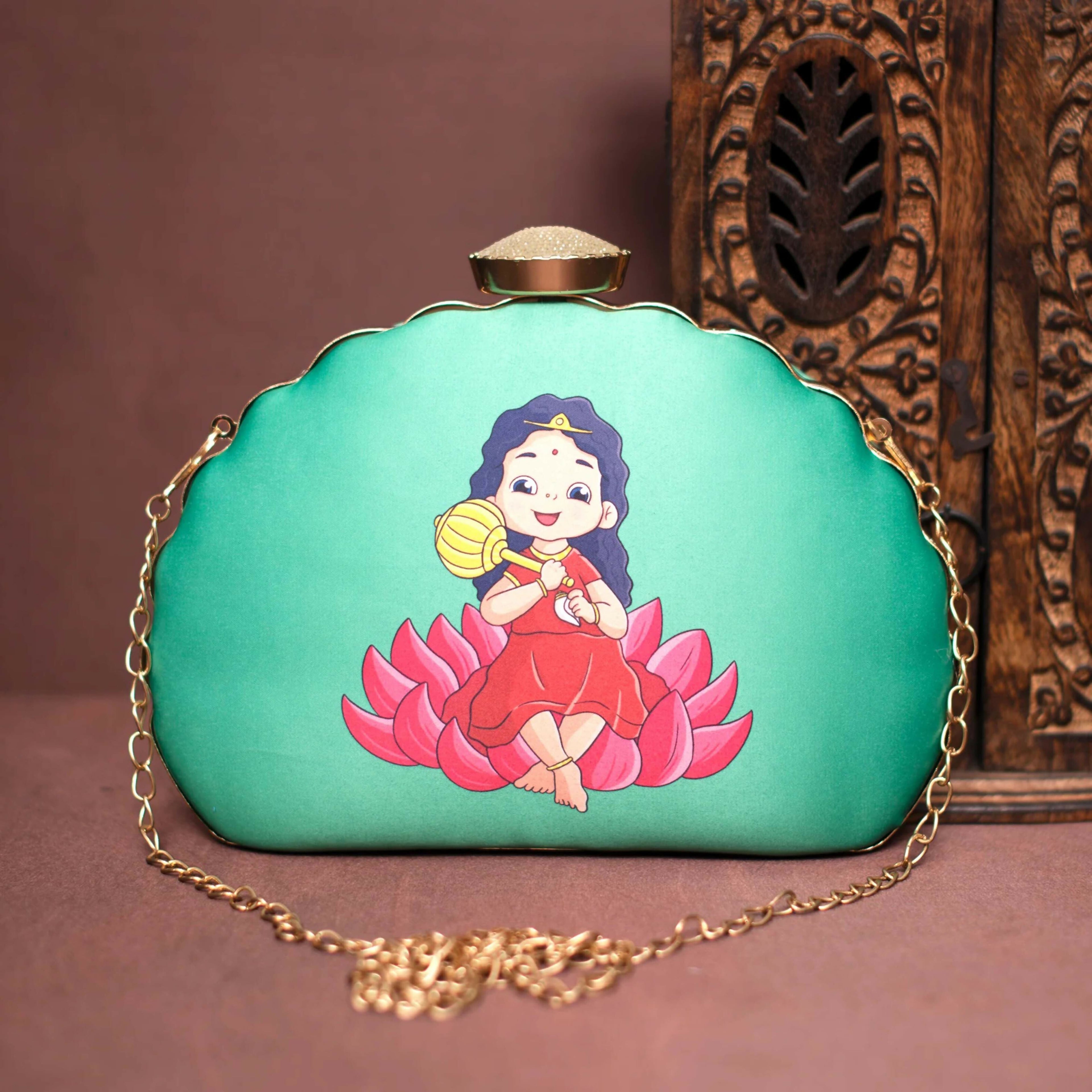 Green D-shape clutch with Durga print design for kids