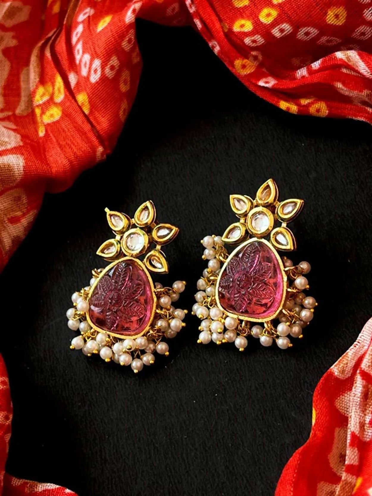 Maroon Monalisa carving stone beaded earrings set in golden tone brass