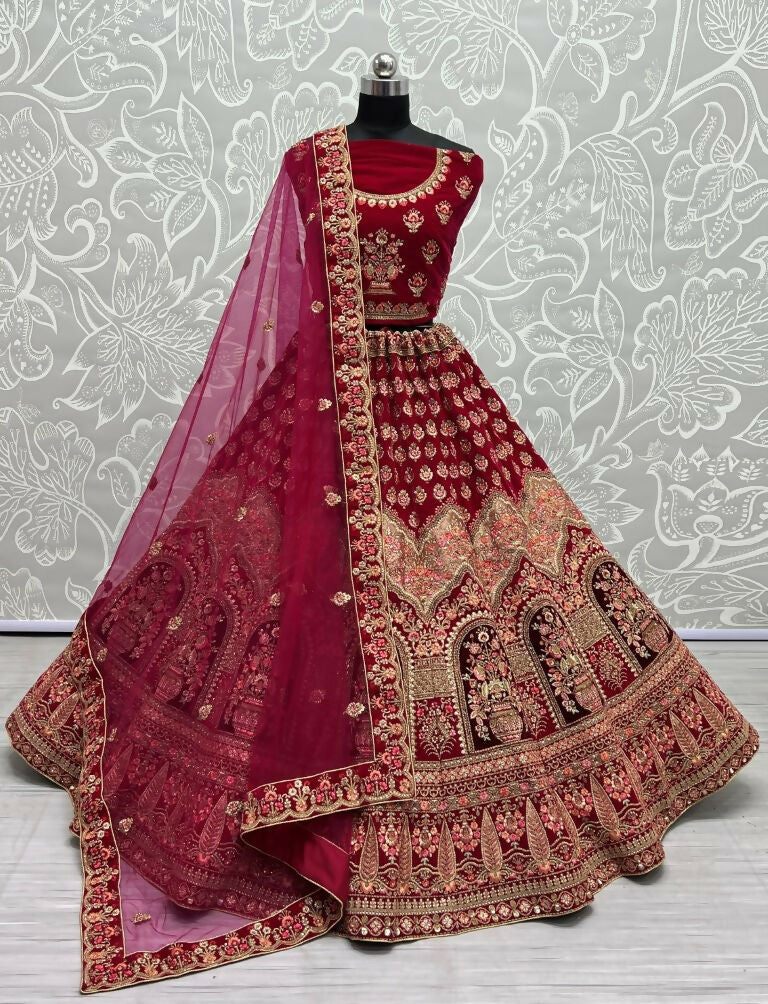 Rani Pink velvet wedding lehenga choli with multi-thread embroidery and zircon diamond embellishments