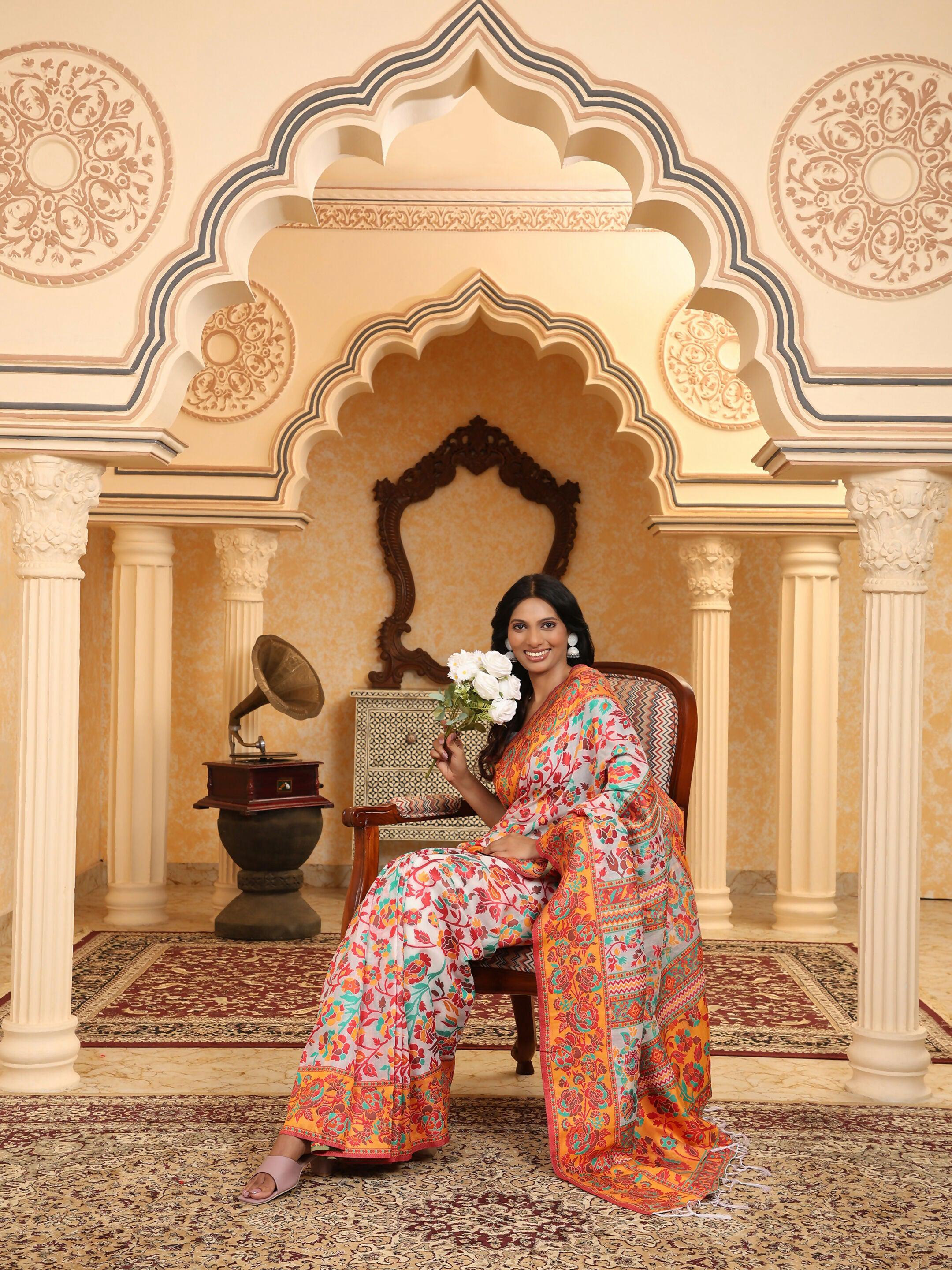 Multicolour Linen Cotton Woven Saree with Matching Blouse Piece