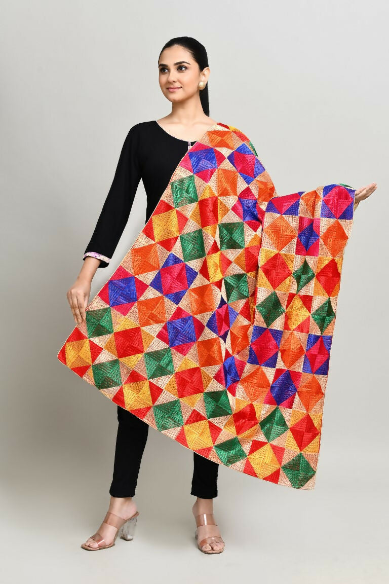 Multi Color Phulkari Cotton Dupatta with Geometric Embroidery