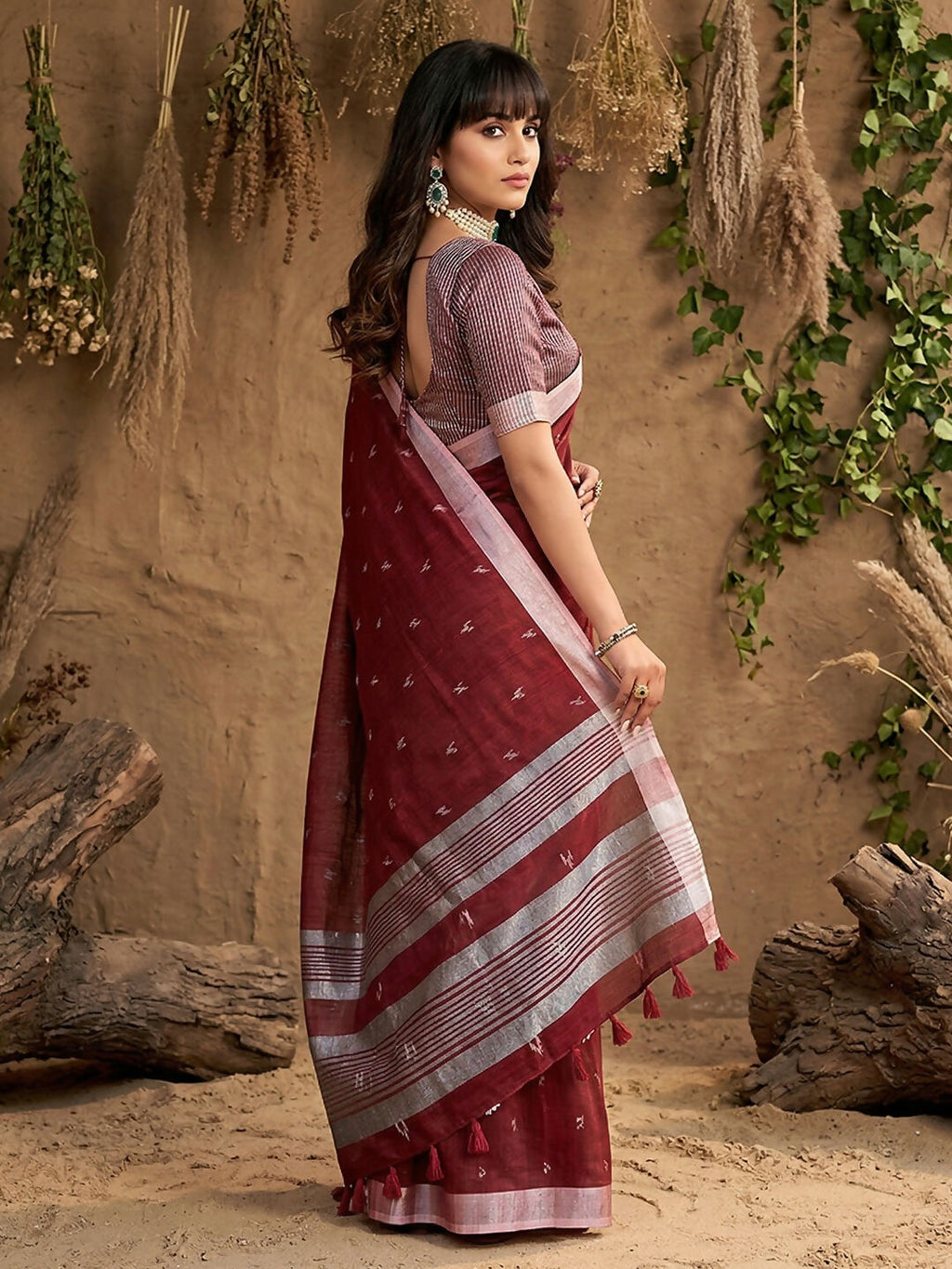 Maroon Linen Cotton Saree with Matching Blouse Piece