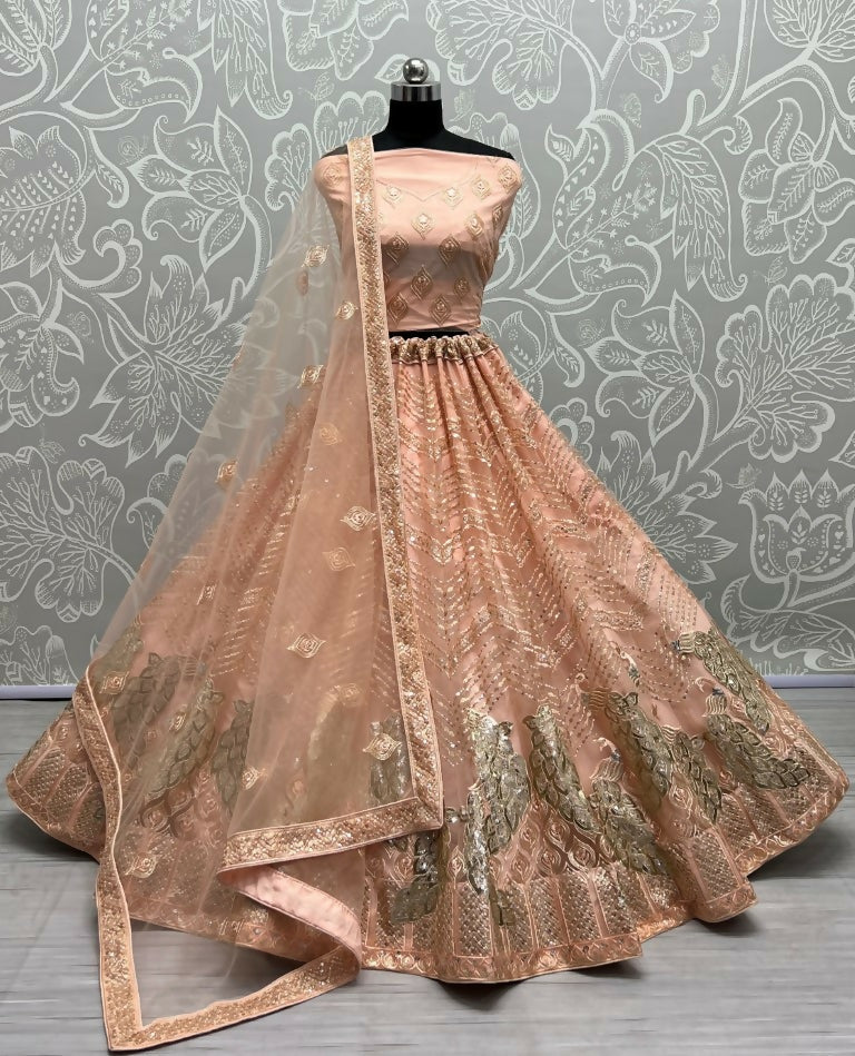 Peach bridal net lehenga choli with sequin, foil, and multi-thread embroidery