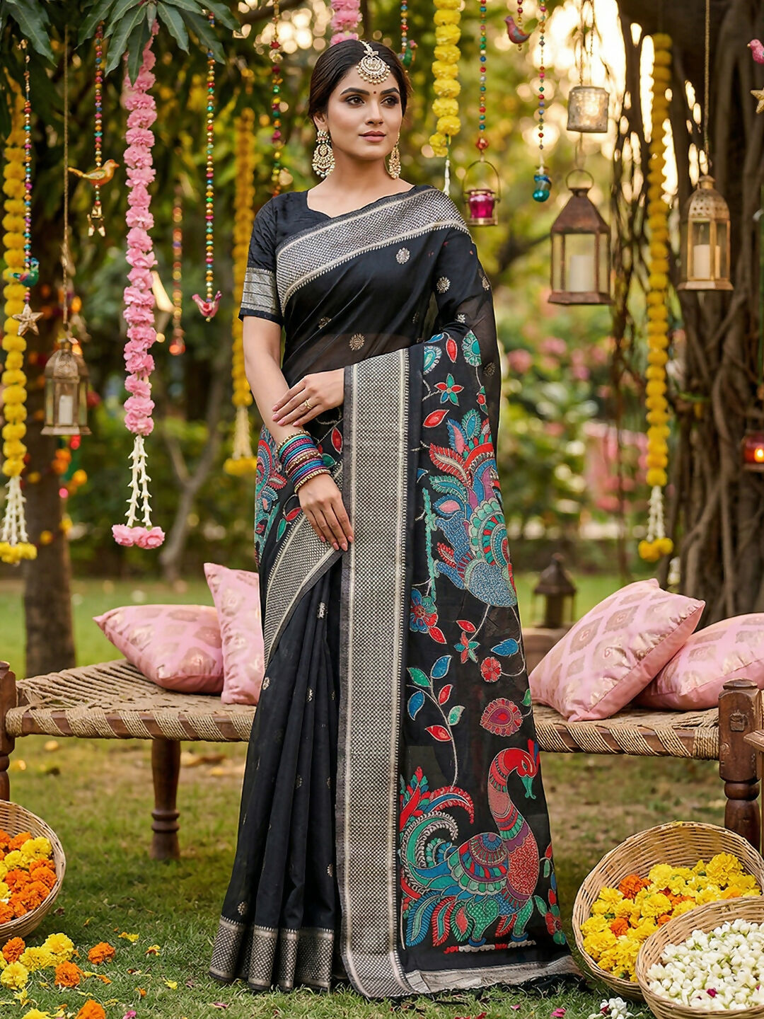 A sophisticated black linen cotton saree with matching blouse piece draped elegantly.