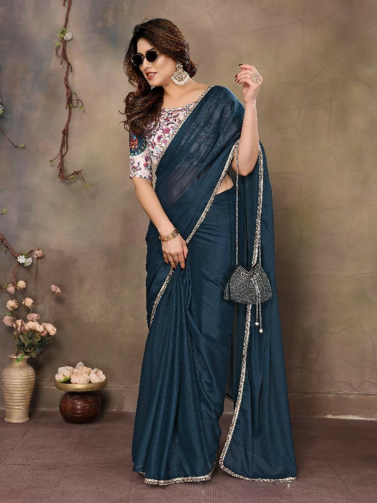 Morpich solid star georgette saree featuring an intricate mirror border design.