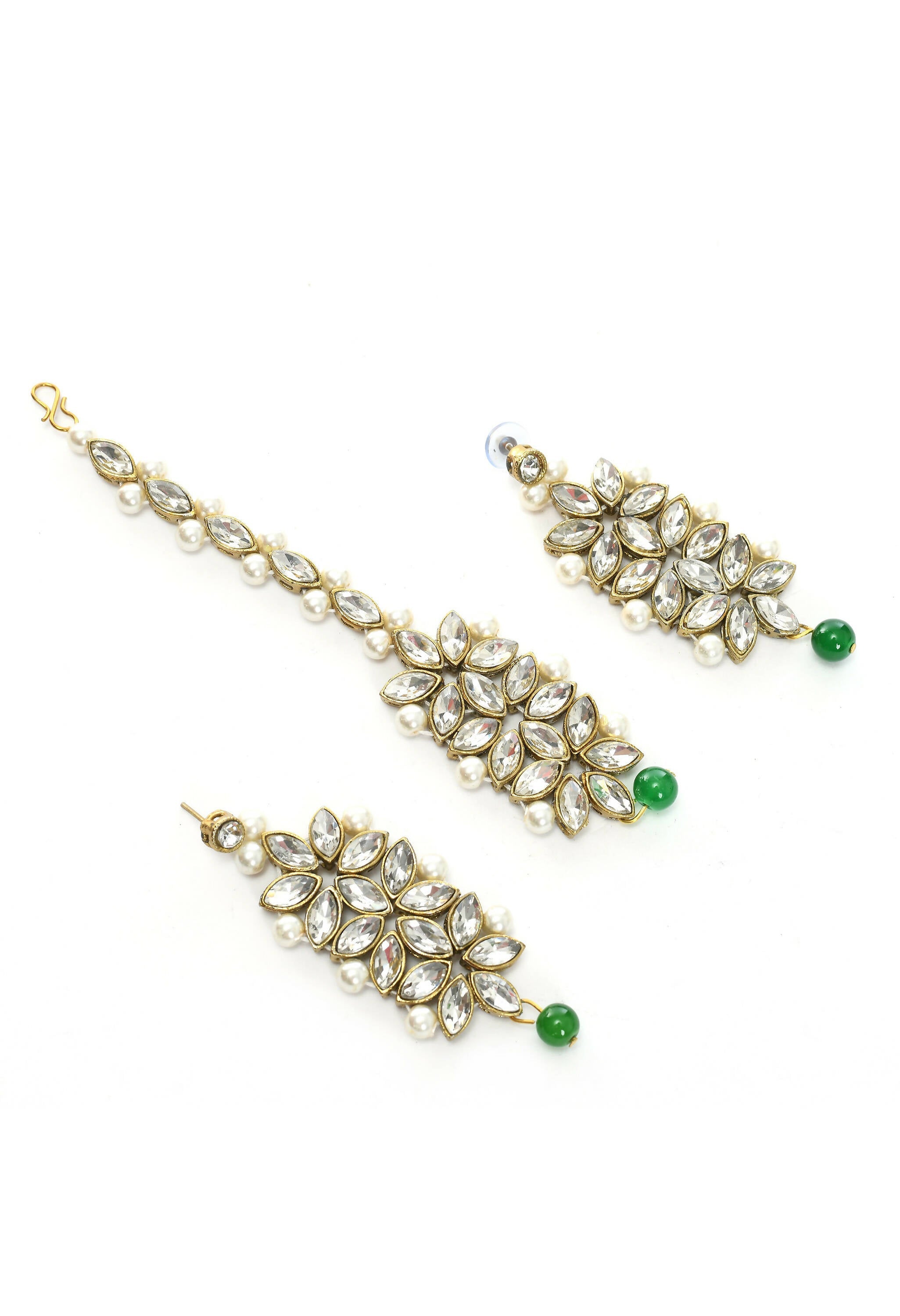Johar Kamal Gold-Polished Rani Haar Necklace with Green & Off-White Pearls