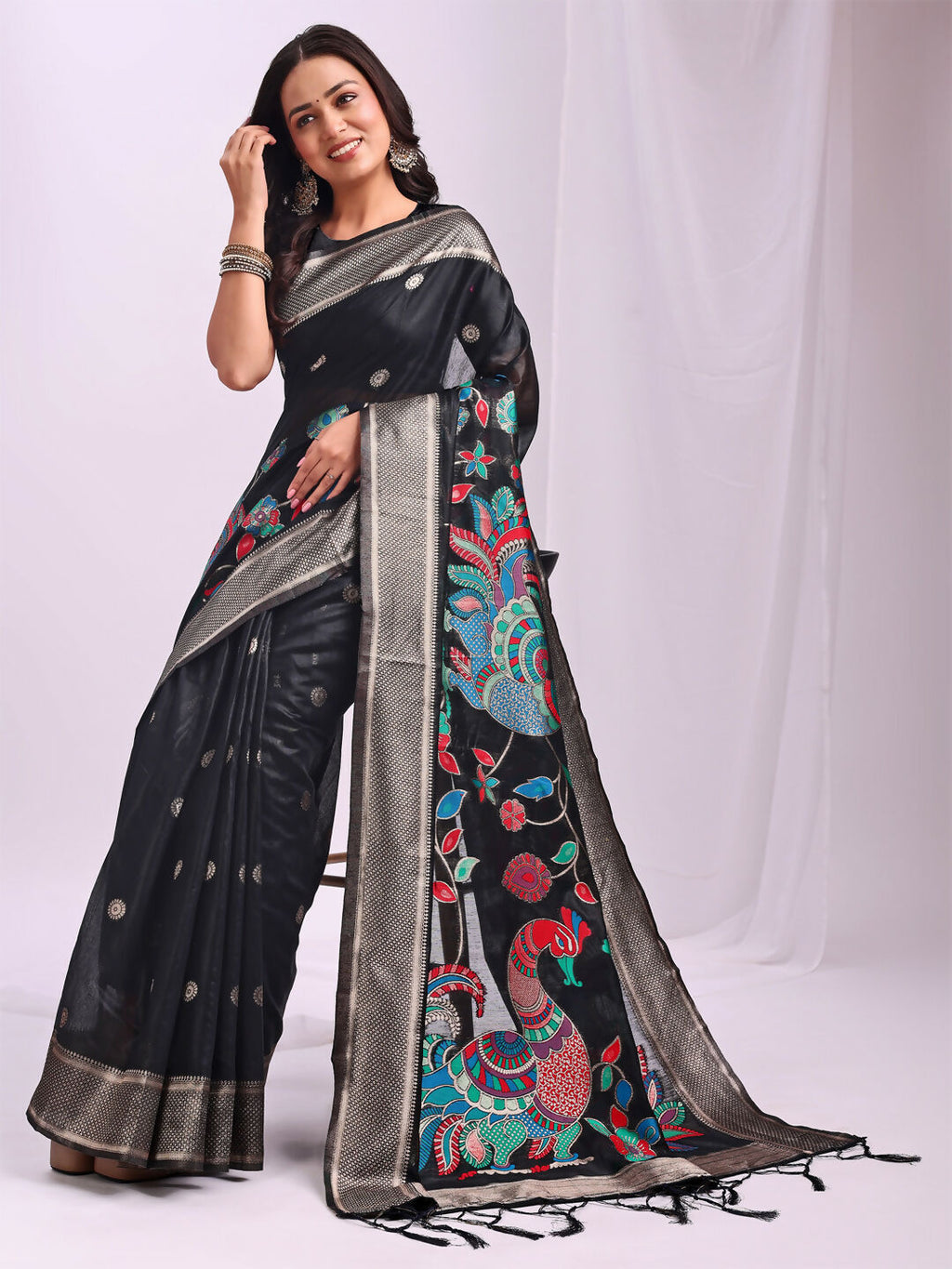 Black Linen Cotton Saree with Matching Blouse Piece