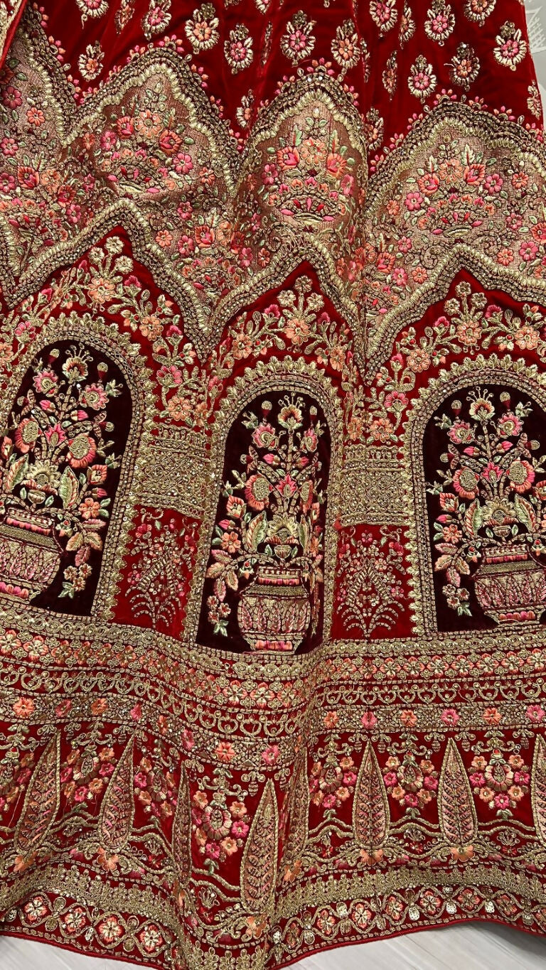 Red Velvet Wedding Lehenga Choli with Zircon Diamond Embroidery