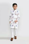 Classic white cotton kurta paired with art silk straight pants