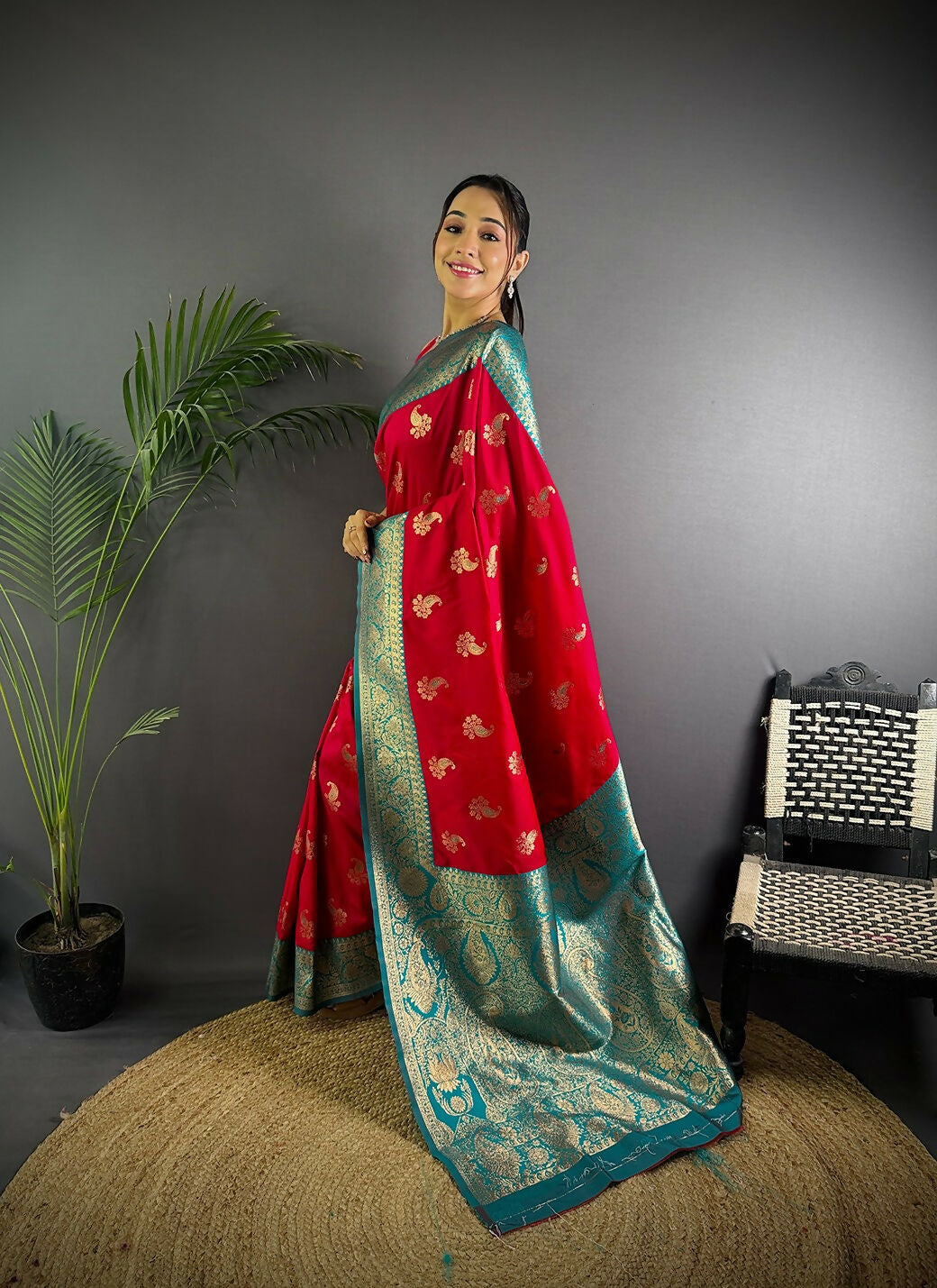 Red Banarasi Woven Butti Soft Silk Saree for Festive Occasions